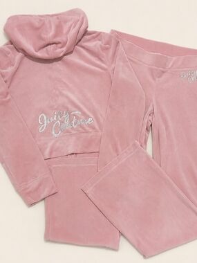 Juicy Couture Rose Velour Glitter Logo Zip Up Hoodie & Pants Set - M